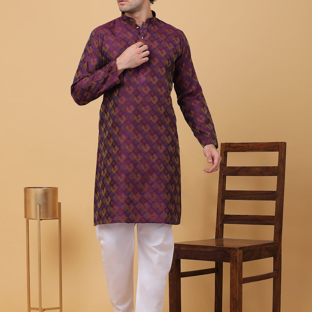 KRAFT INDIA Men Jacquard Knee Length Kurta With White Elastic Waistband Pyjama Set