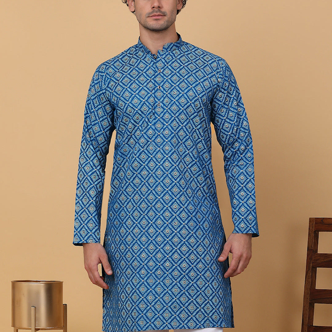 KRAFT INDIA Men Cotton Floral Gold Print Ethnic Motif Knee Length Kurta Only