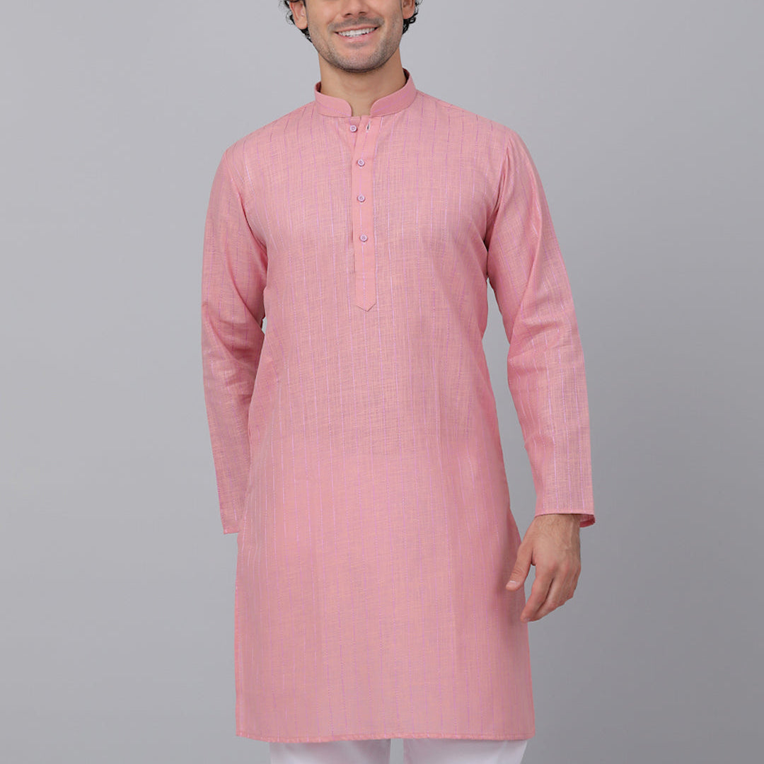 KRAFT INDIA Men Cotton Linen Striped Thread Work Knee Length Kurta Only