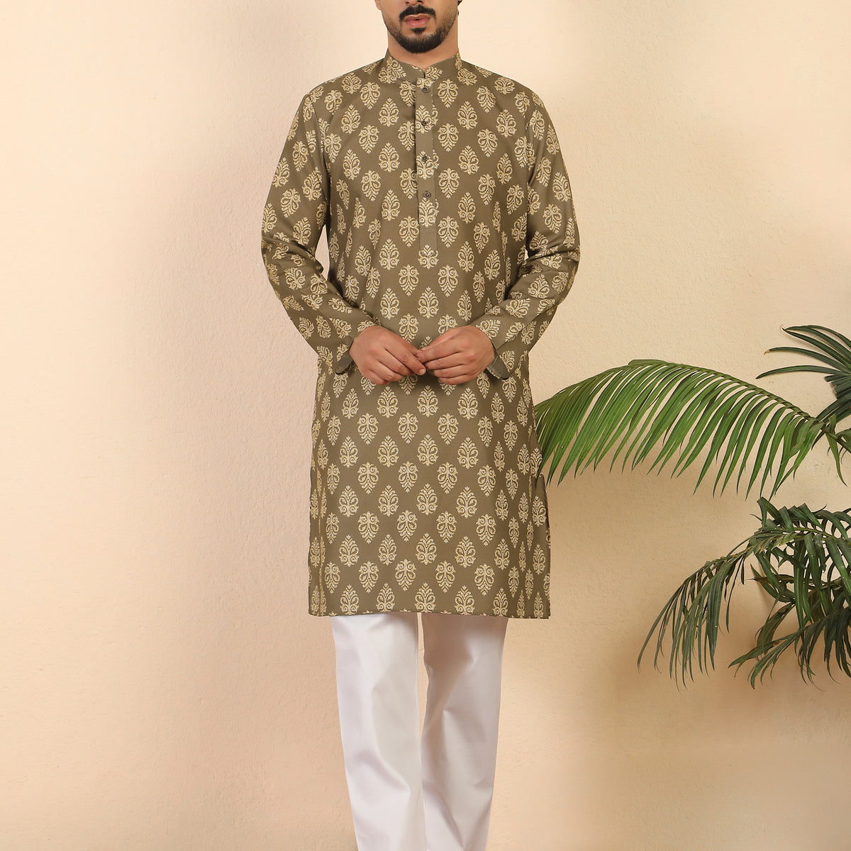 Men's Pure Cotton Jaipuri Print Kurta with Pyjama Set with Mandarin Collar