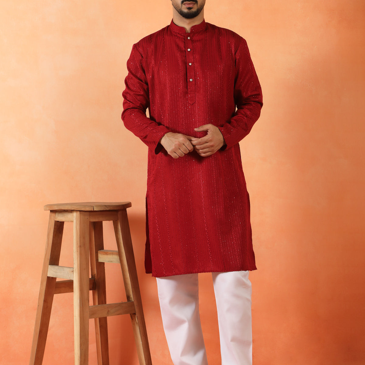 Men's Embroidered Thread Work Designed Cotton Silk Straight Kurta with Pyjama Set