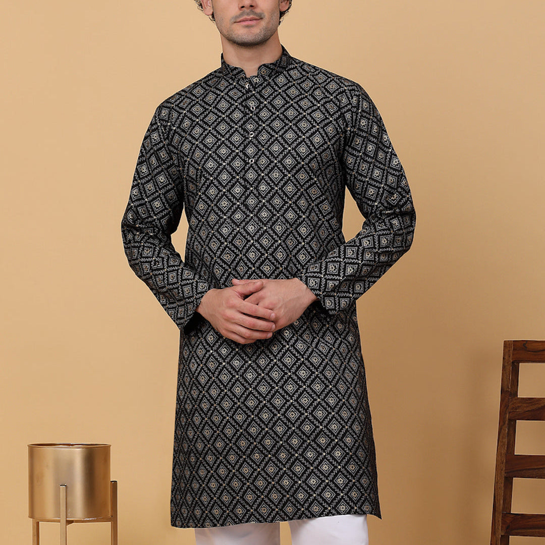 KRAFT INDIA Men Cotton Floral Gold Print Ethnic Motif Knee Length Kurta Only