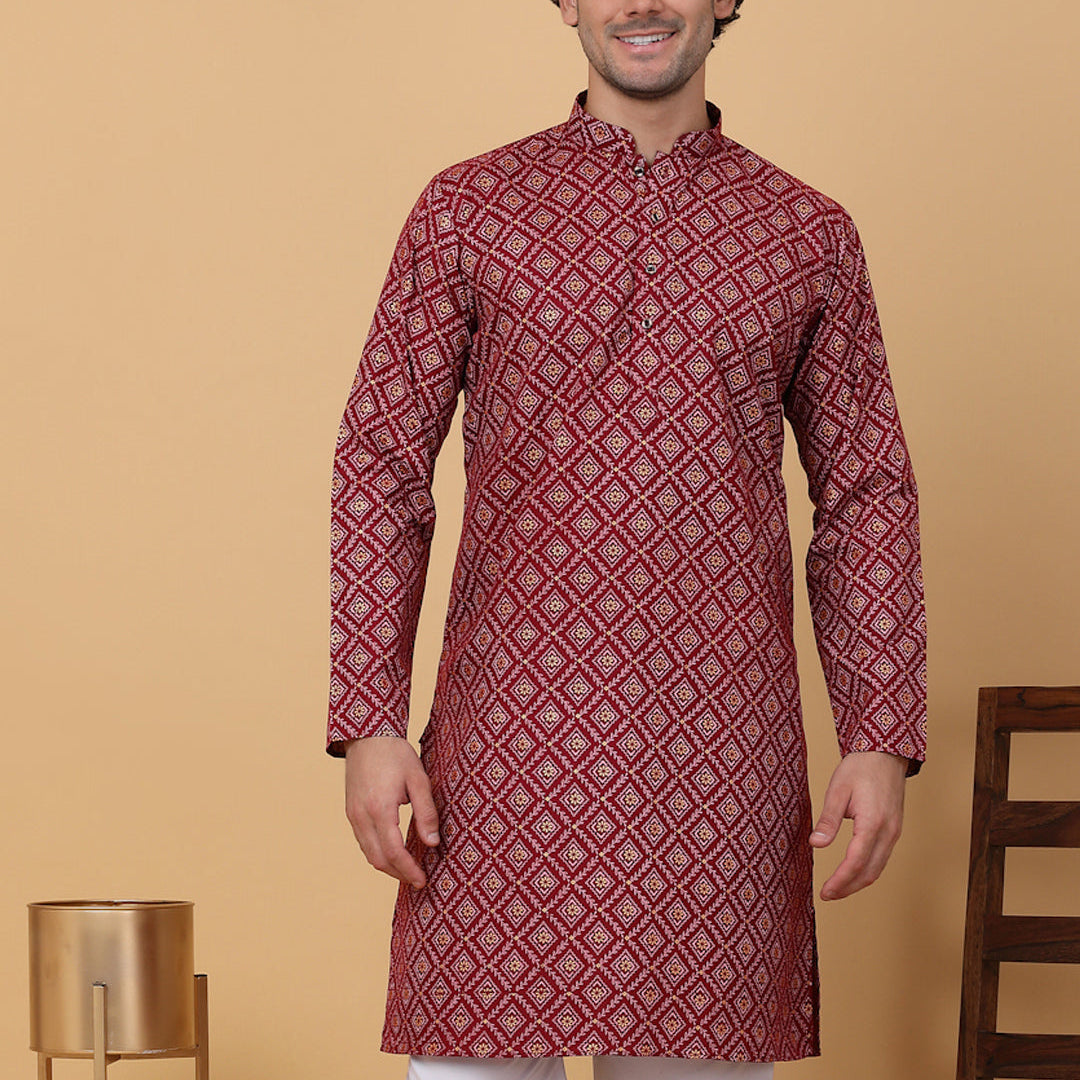 KRAFT INDIA Men Cotton Floral Gold Print Ethnic Motif Knee Length Kurta Only