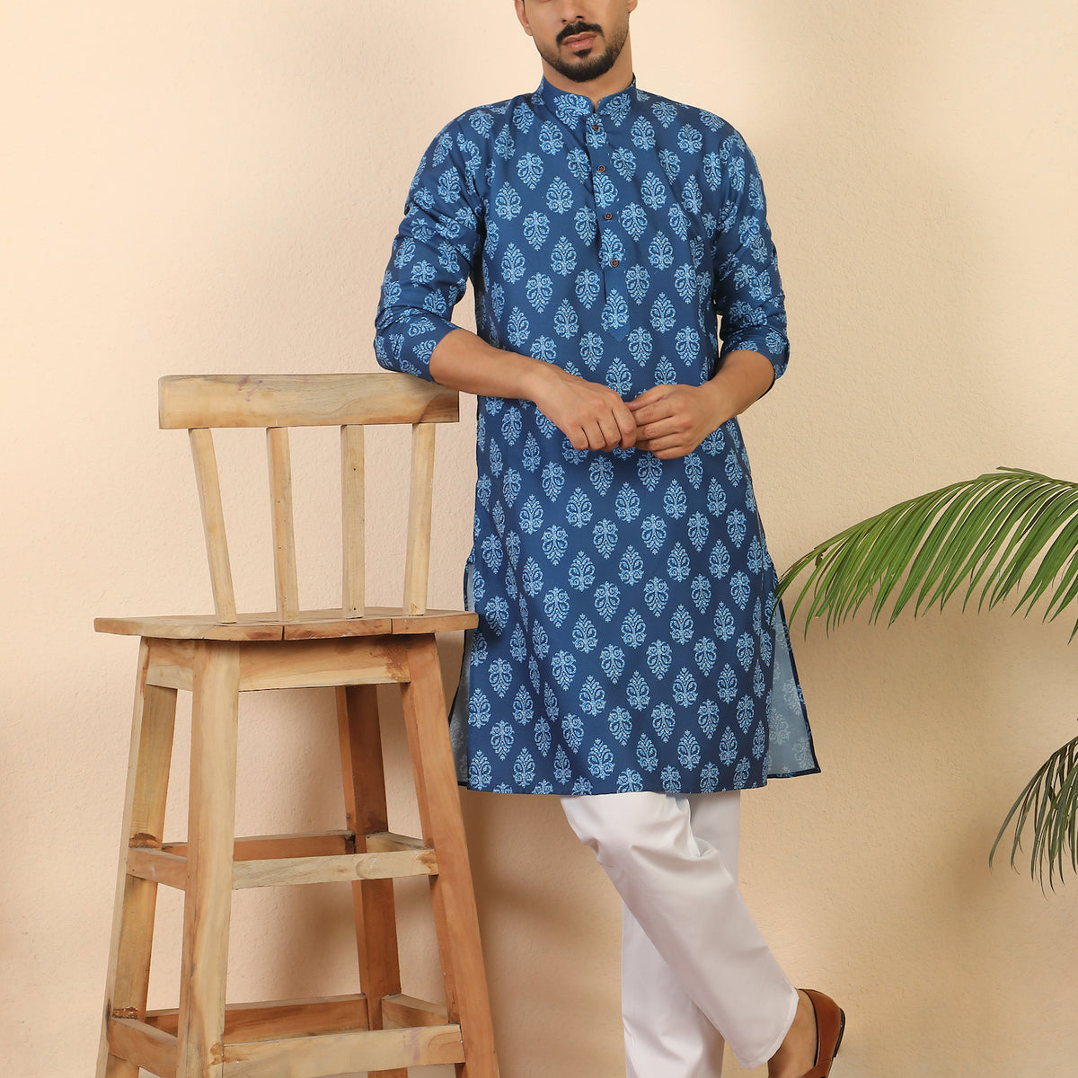 Men's Pure Cotton Jaipuri Print Kurta with Pyjama Set with Mandarin Collar