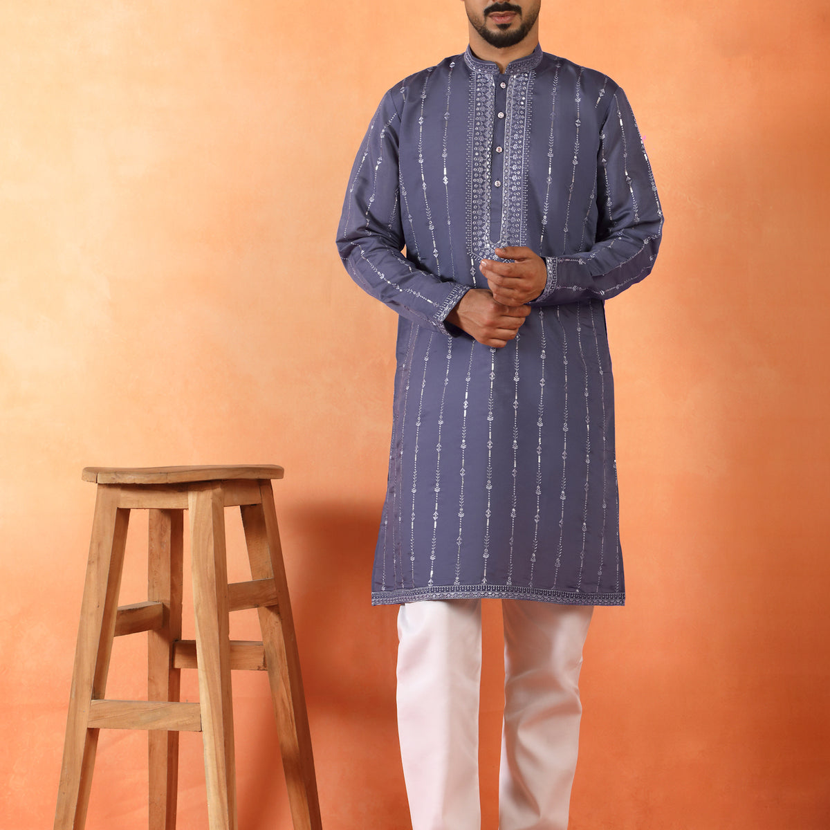 Men's Embroidered & Sequinned Designed Cotton Silk Straight Kurta with Pyjama Set