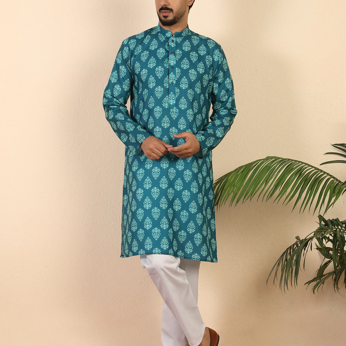 Men's Pure Cotton Jaipuri Print Kurta with Pyjama Set with Mandarin Collar