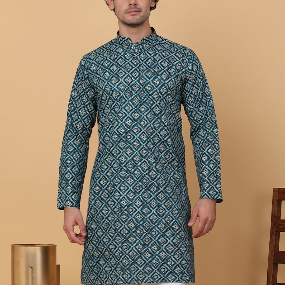 KRAFT INDIA Men Cotton Floral Gold Print Ethnic Motif Knee Length Kurta Only