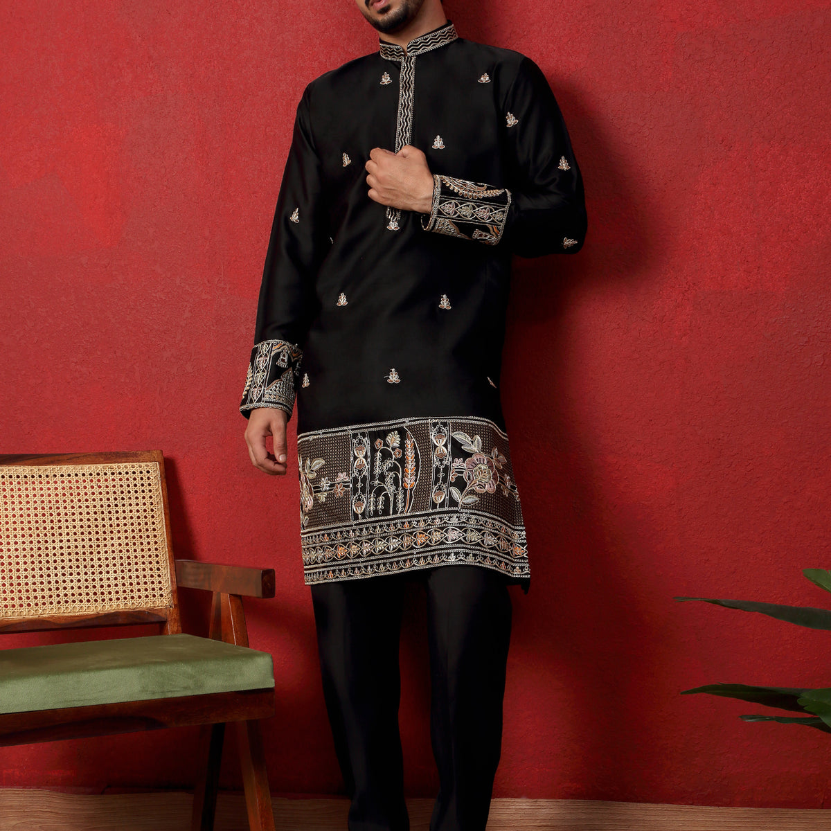 LUXE-Men's Cotton Silk Floral Daman Embroidered Kurta