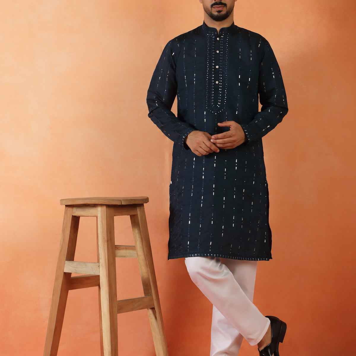Men's Embroidered & Sequinned Designed Cotton Silk Straight Kurta with Pyjama Set