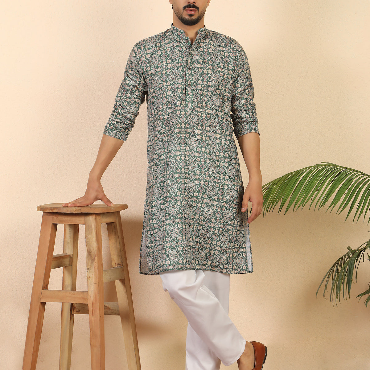 Men's Pure Cotton Jaipuri Print Kurta with Pyjama Set with Mandarin Collar