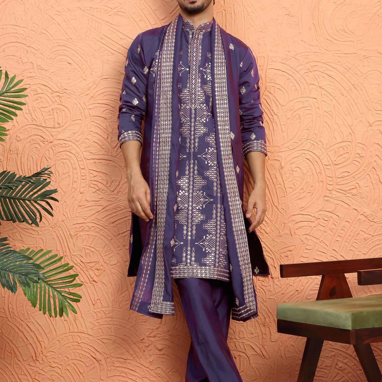 Men's Cotton Silk Zari Sequenced Embroidered Kurta Trouser Pant Set With Matching Dupatta