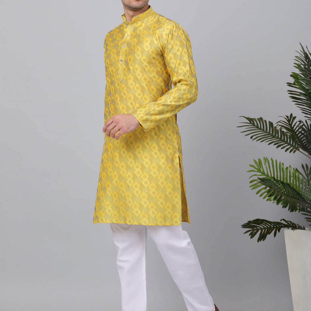 KRAFT INDIA Men Jacquard Knee Length Kurta With White Elastic Waistband Pyjama Set
