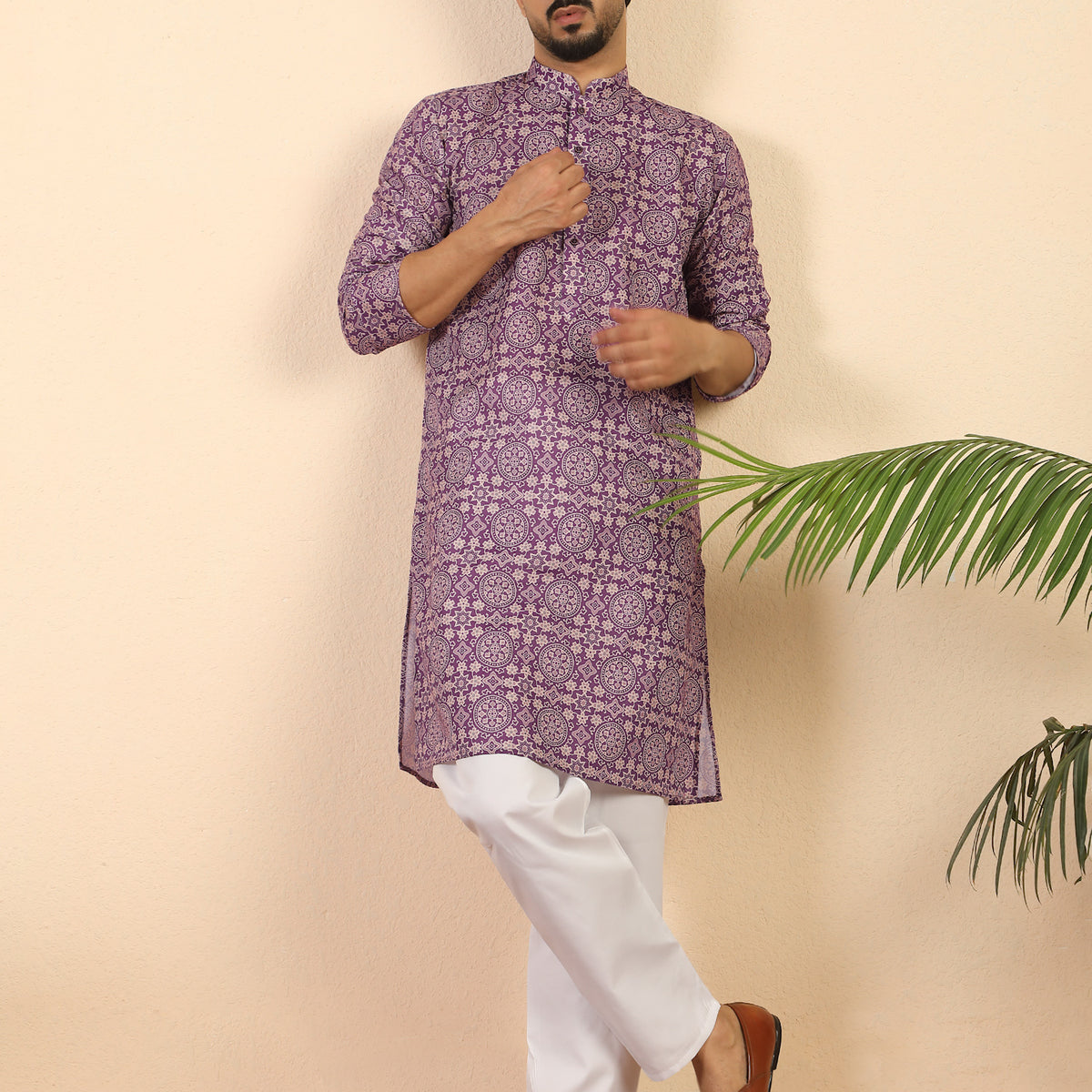 Men's Pure Cotton Jaipuri Print Kurta with Pyjama Set with Mandarin Collar