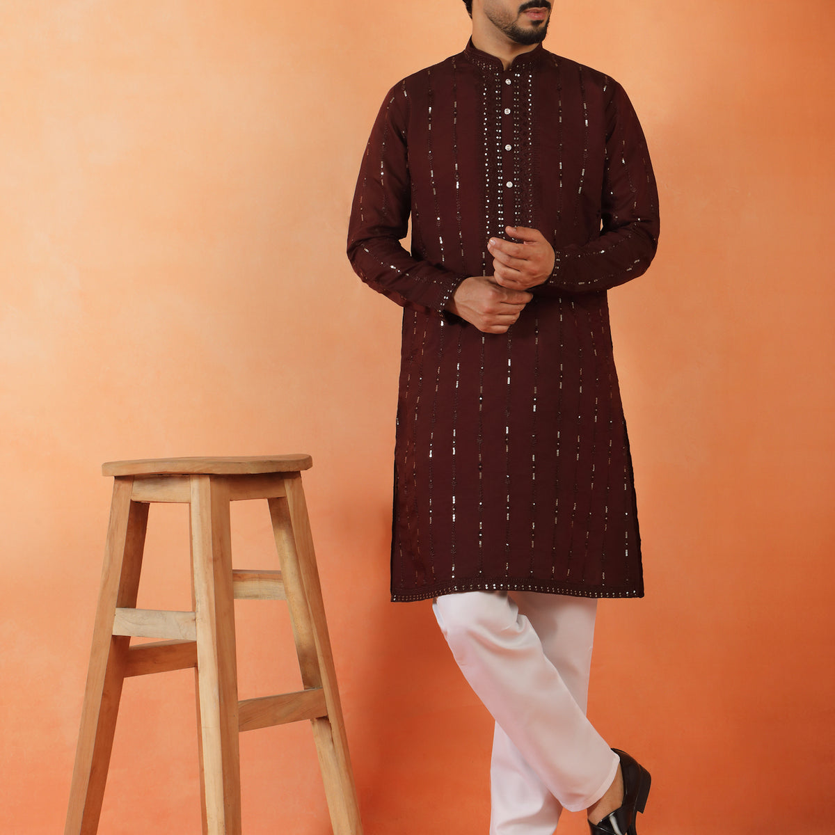 Men's Embroidered & Sequinned Designed Cotton Silk Straight Kurta with Pyjama Set