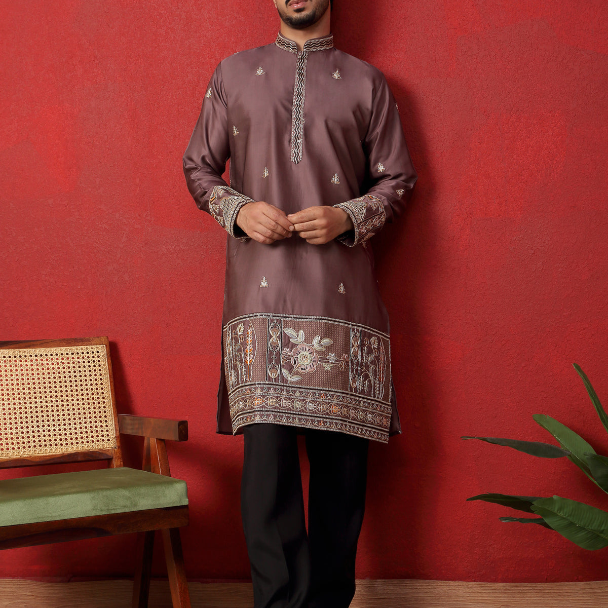 LUXE-Men's Cotton Silk Floral Daman Embroidered Kurta