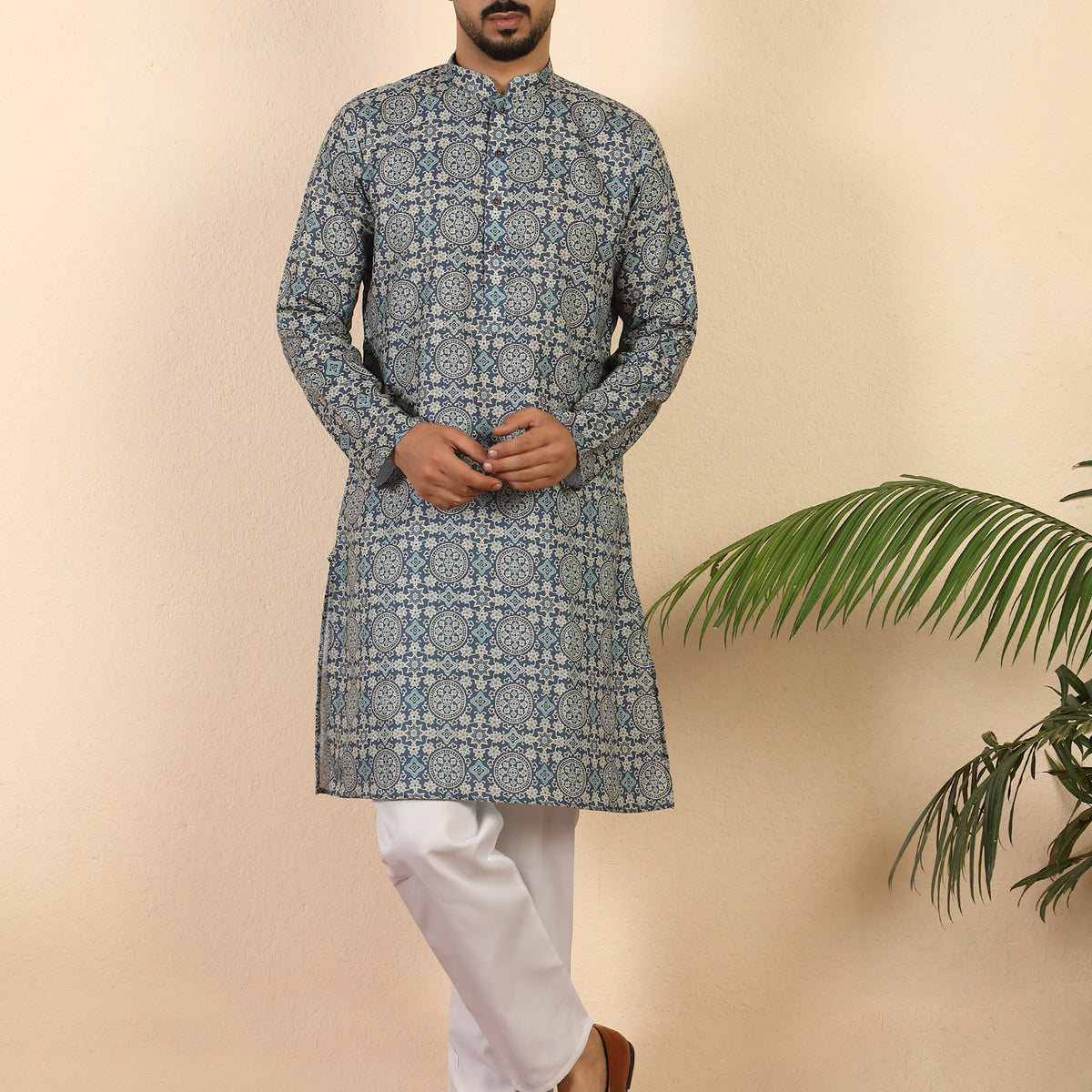 Men's Pure Cotton Jaipuri Print Kurta with Pyjama Set with Mandarin Collar