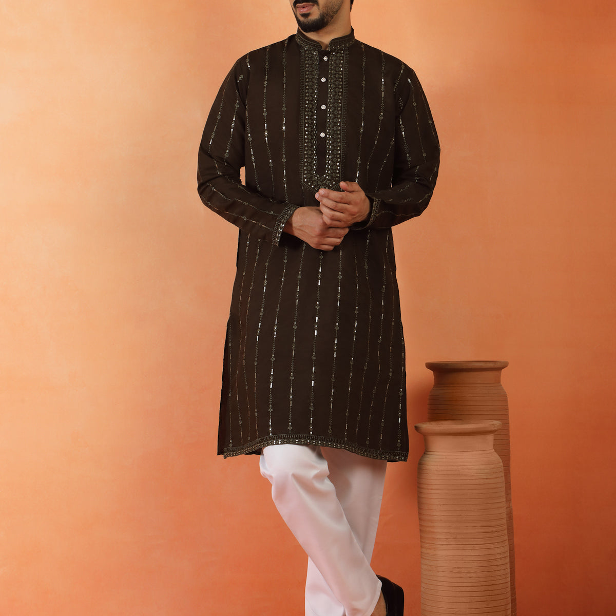 Men's Embroidered & Sequinned Designed Cotton Silk Straight Kurta with Pyjama Set