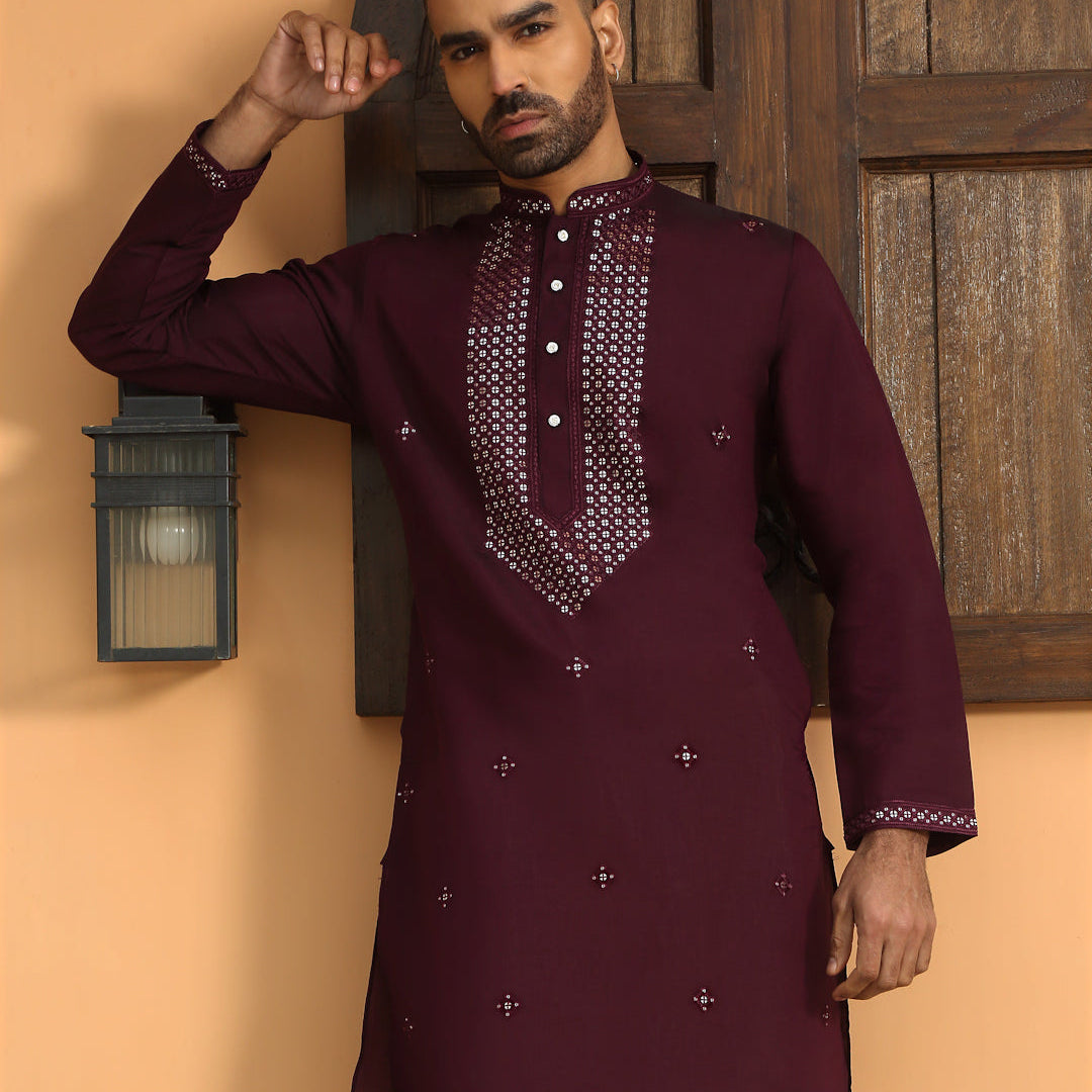 LUXE- Cotton Silk Yoke Design Sequined Embroidered Neckline Straight Kurta