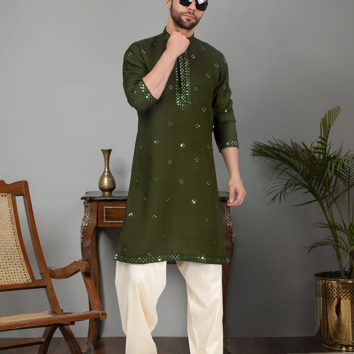 LUXE- Cotton Silk Mirror Work Yoke Design Mandarin Collar Long Sleeve Kurta with Elastic Waistband Beige Salwar
