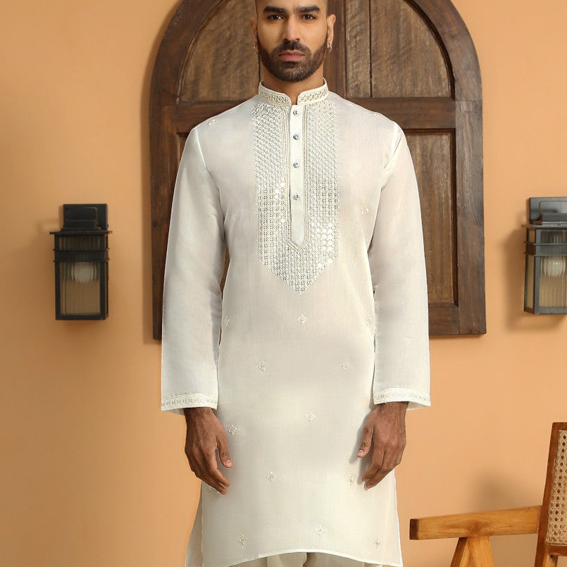 LUXE- Cotton Silk Yoke Design Sequined Embroidered Neckline Straight Kurta