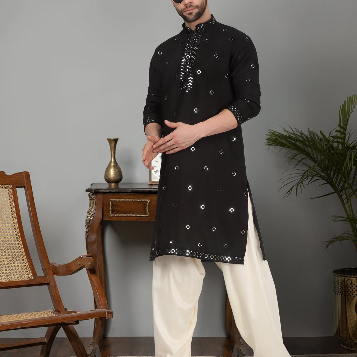 LUXE- Cotton Silk Mirror Work Yoke Design Mandarin Collar Long Sleeve Kurta
