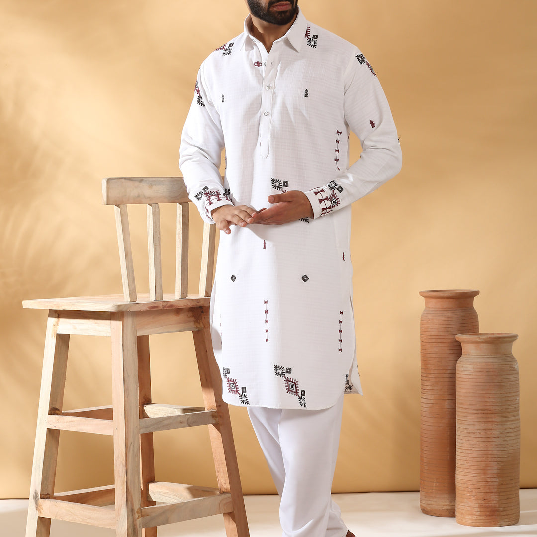 LUXE- Men Linen Embroidered Regular Fit Pathani with White Drawstring Salwar Set