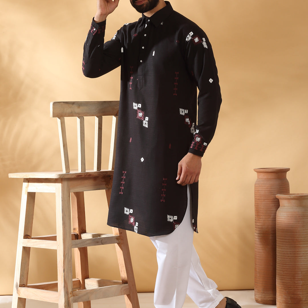 LUXE- Men Linen Embroidered Regular Fit Pathani with White Drawstring Salwar Set