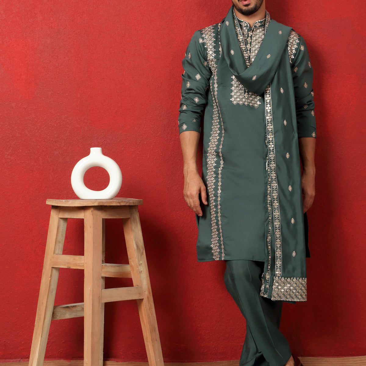 LUXE-Men's Cotton Silk Zari Embroided Yoke Design Sequence Kurta Trouser Pant Set With Matching Duppatta