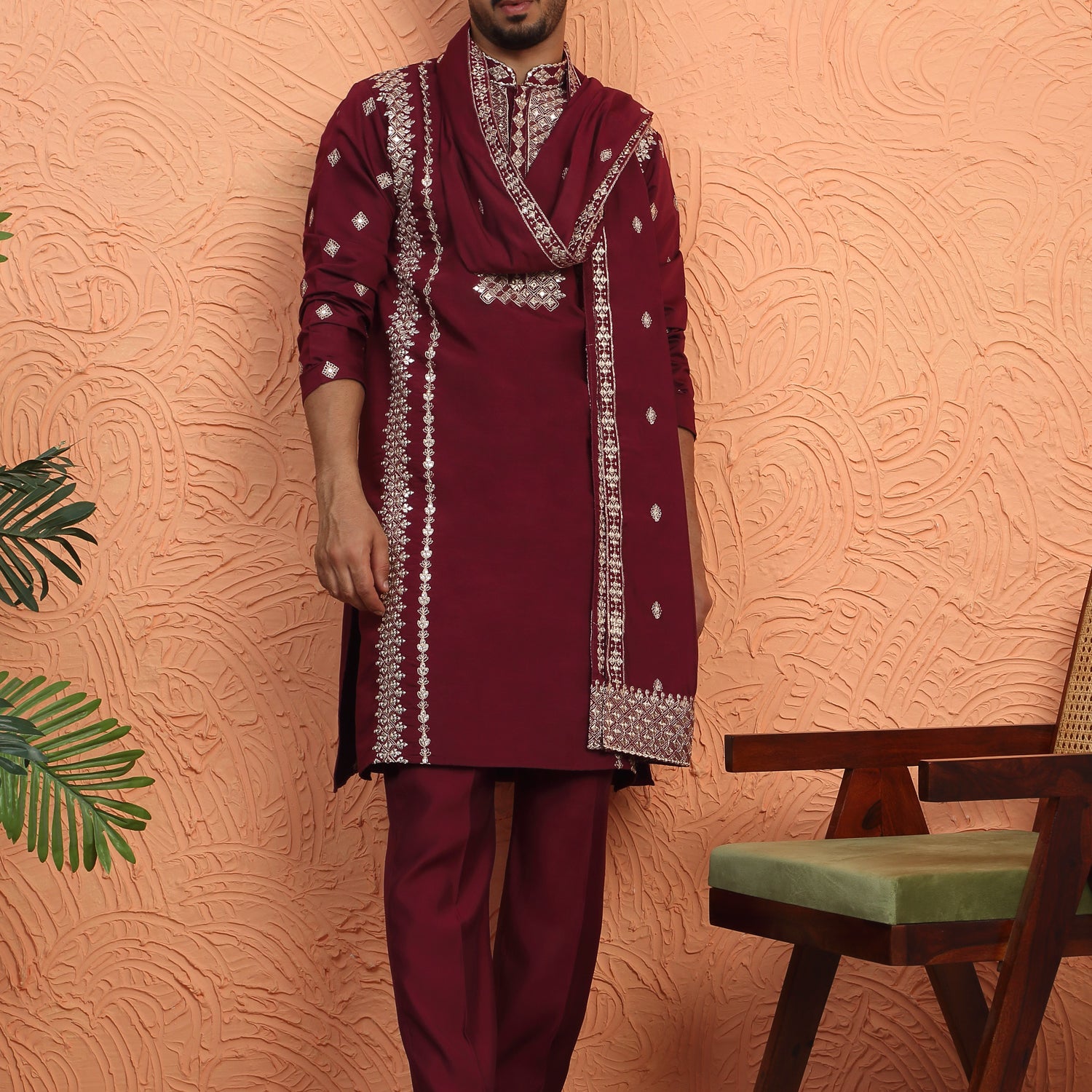LUXE-Men's Cotton Silk Zari Embroided Yoke Design Sequence Kurta Trouser Pant Set With Matching Duppatta