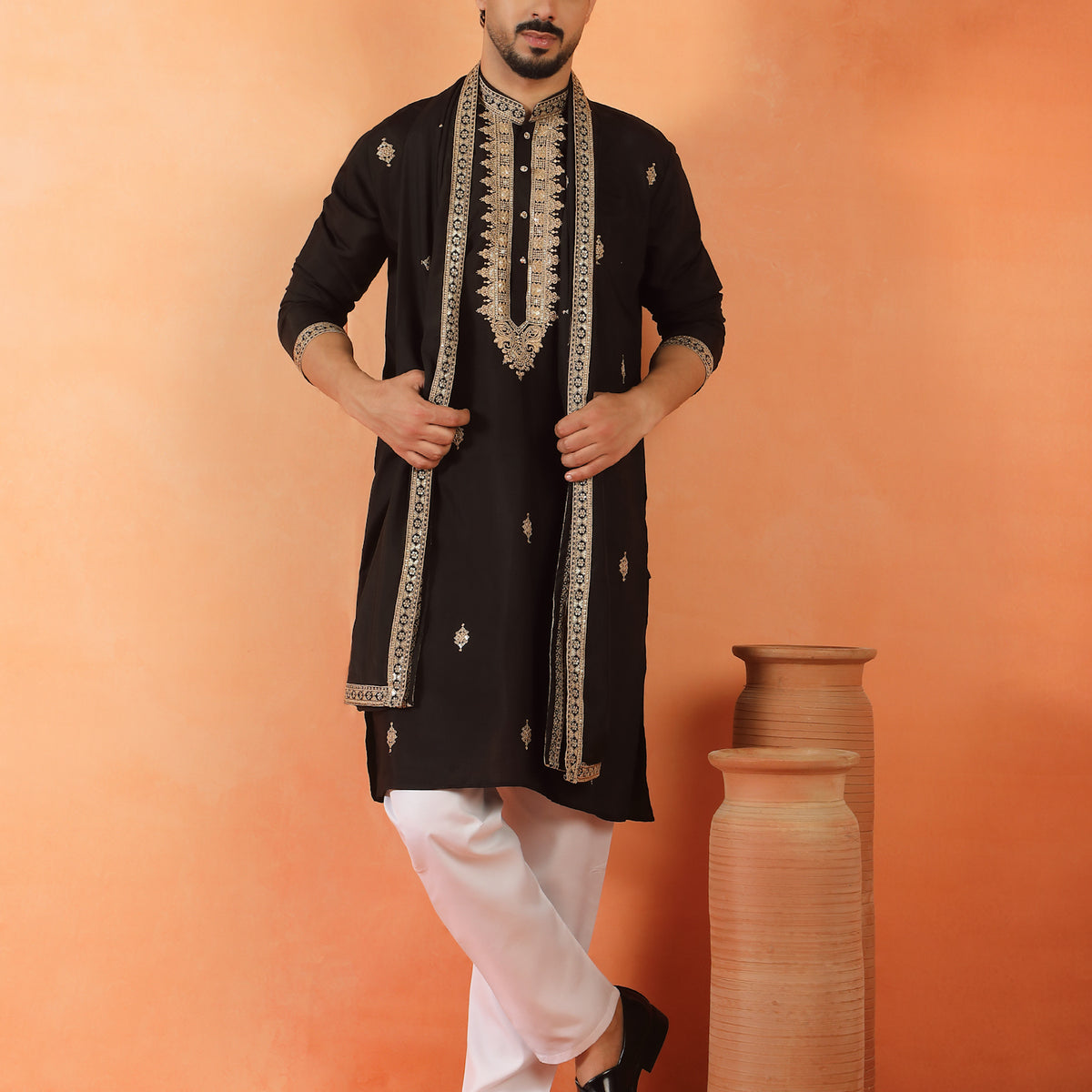 Men's Sequinned Embroidered Cotton Silk Straight Kurta Pyjama with Dupatta Set