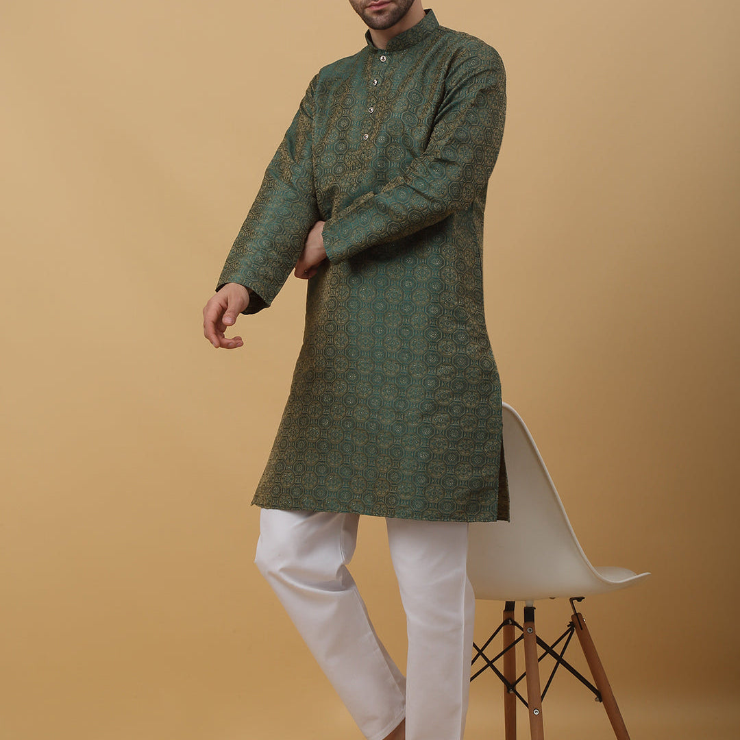 KRAFT INDIA Men's Silk Blend Jacquard Bandhani Kurta With White Elastic Waistband Pyjama Set