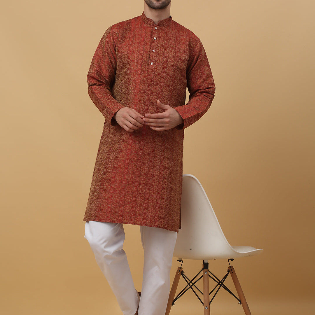 KRAFT INDIA Men's Silk Blend Jacquard Bandhani Kurta With White Elastic Waistband Pyjama Set