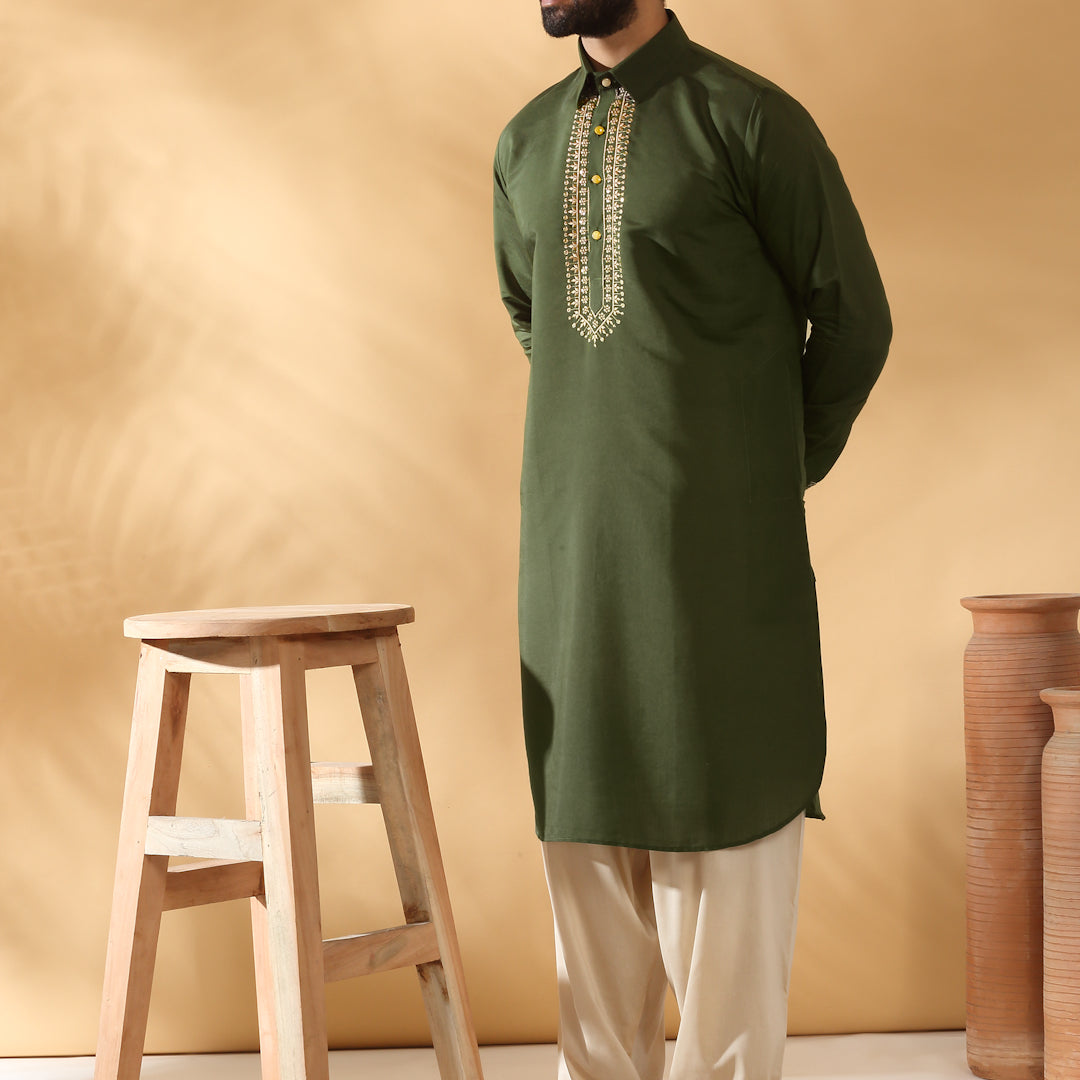 KRAFT INDIA Luxe Print Cotton Silk Yoke Design Kurta With Beige Elastic Waistband Salwar Set