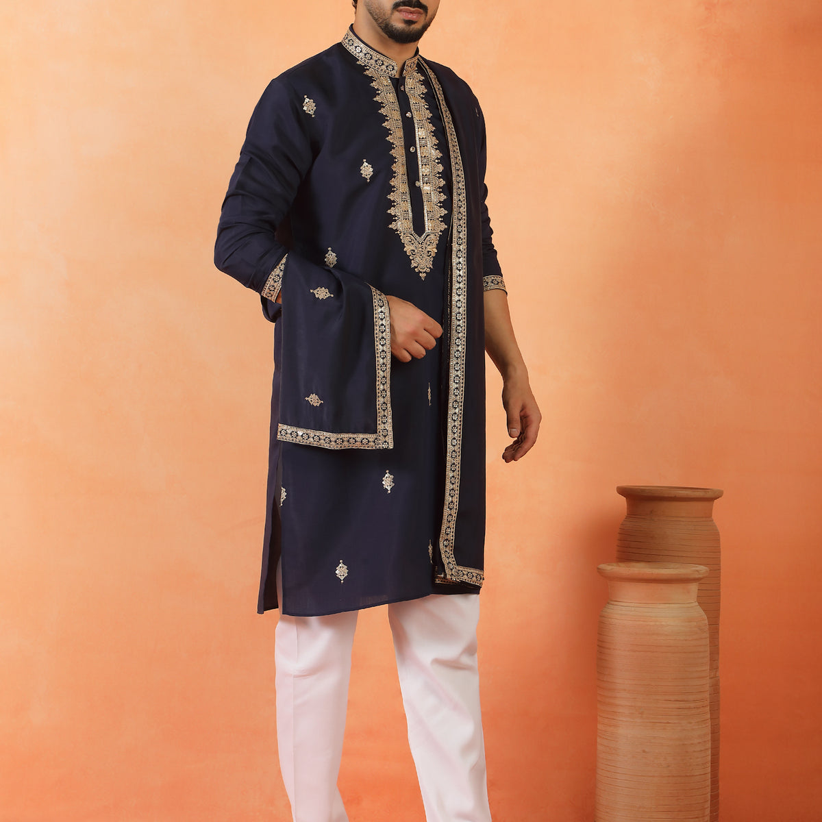 Men's Sequinned Embroidered Cotton Silk Straight Kurta Pyjama with Dupatta Set