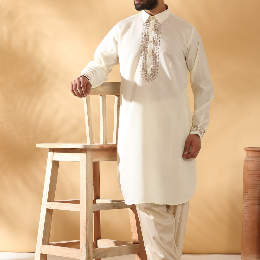 LUXE- Cotton Silk Yoke Design Kurta With Beige Elastic Waistband Salwar Set