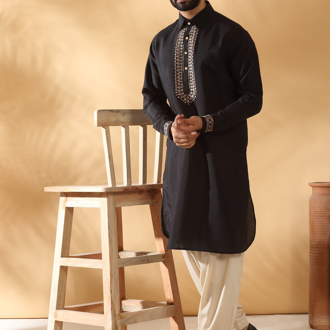 KRAFT INDIA Luxe Print Cotton Silk Yoke Design Kurta With Beige Elastic Waistband Salwar Set