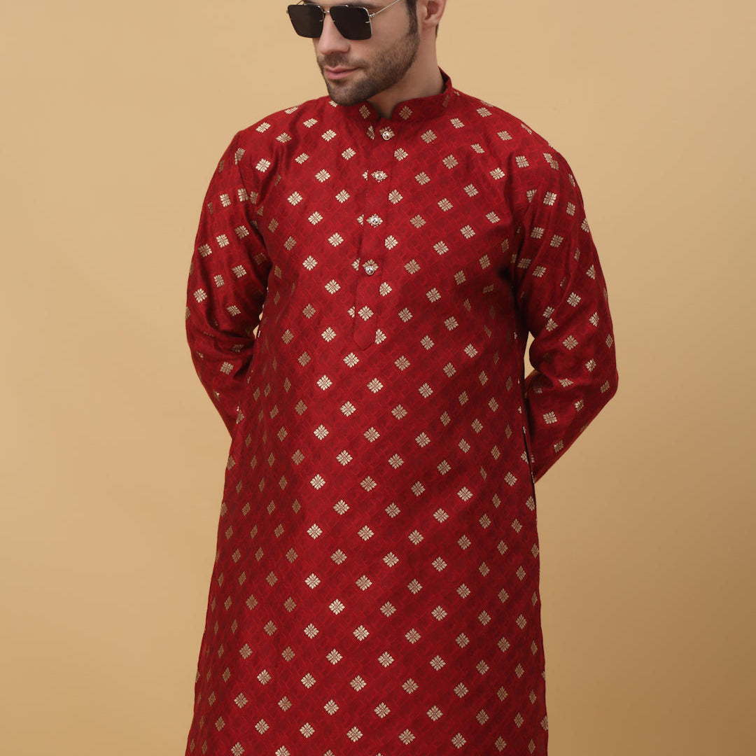 KRAFT INDIA Men's Silk Blend Jacquard Gold Print Kurta with Beige Elastic Waistband Churidar Set