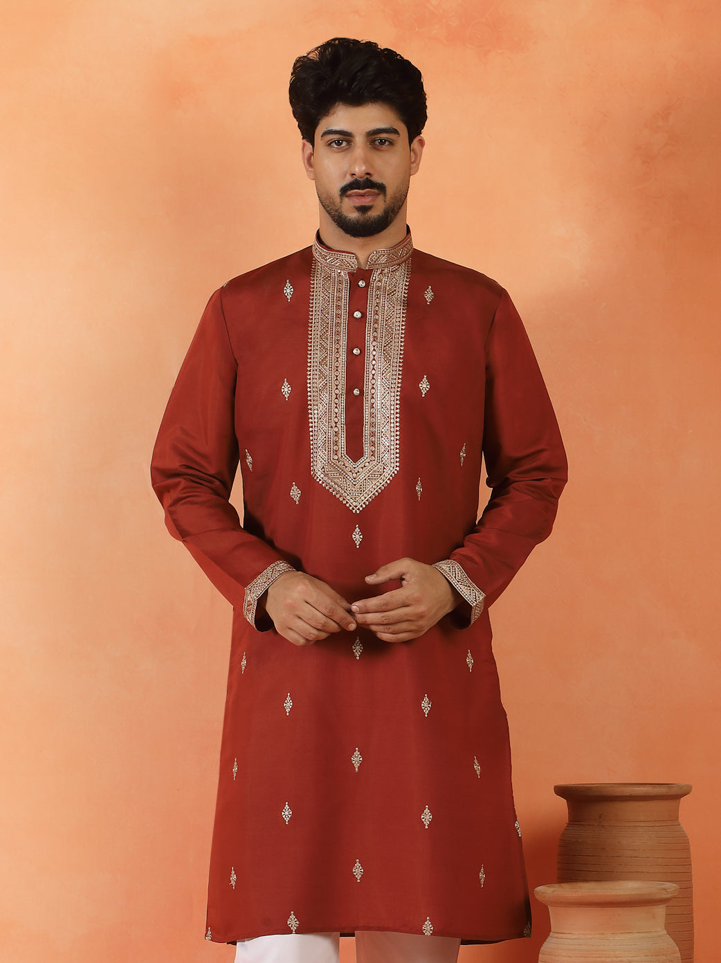 Men's Sequinned Embroidered Designed Cotton Silk Straight Long Kurta