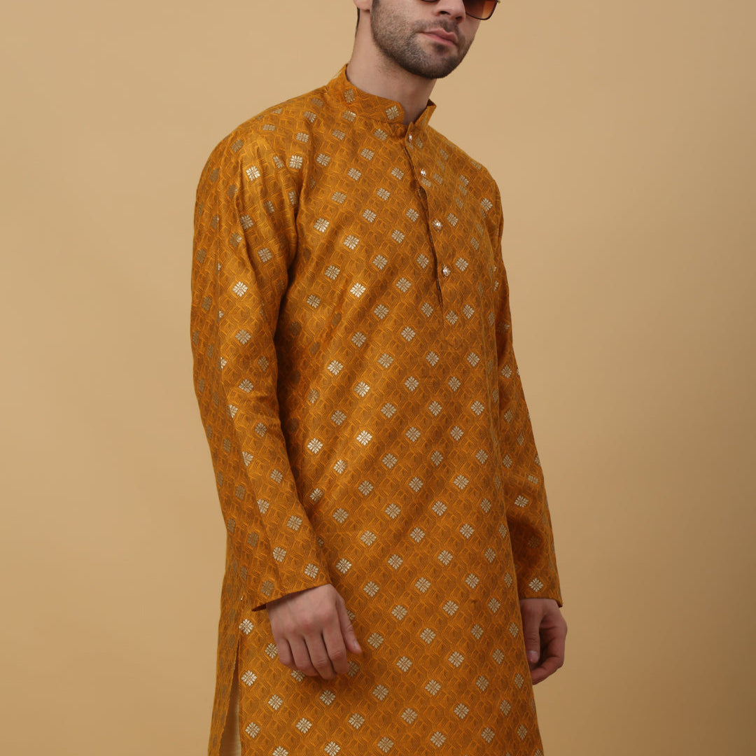 KRAFT INDIA Men's Silk Blend Jacquard Gold Print Kurta with Beige Elastic Waistband Churidar Set