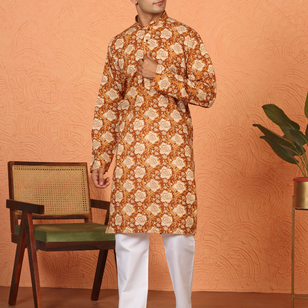 Men's Jaipuri Floral Print Maroon Pure Cotton Long Kurta with White Pyjama Set