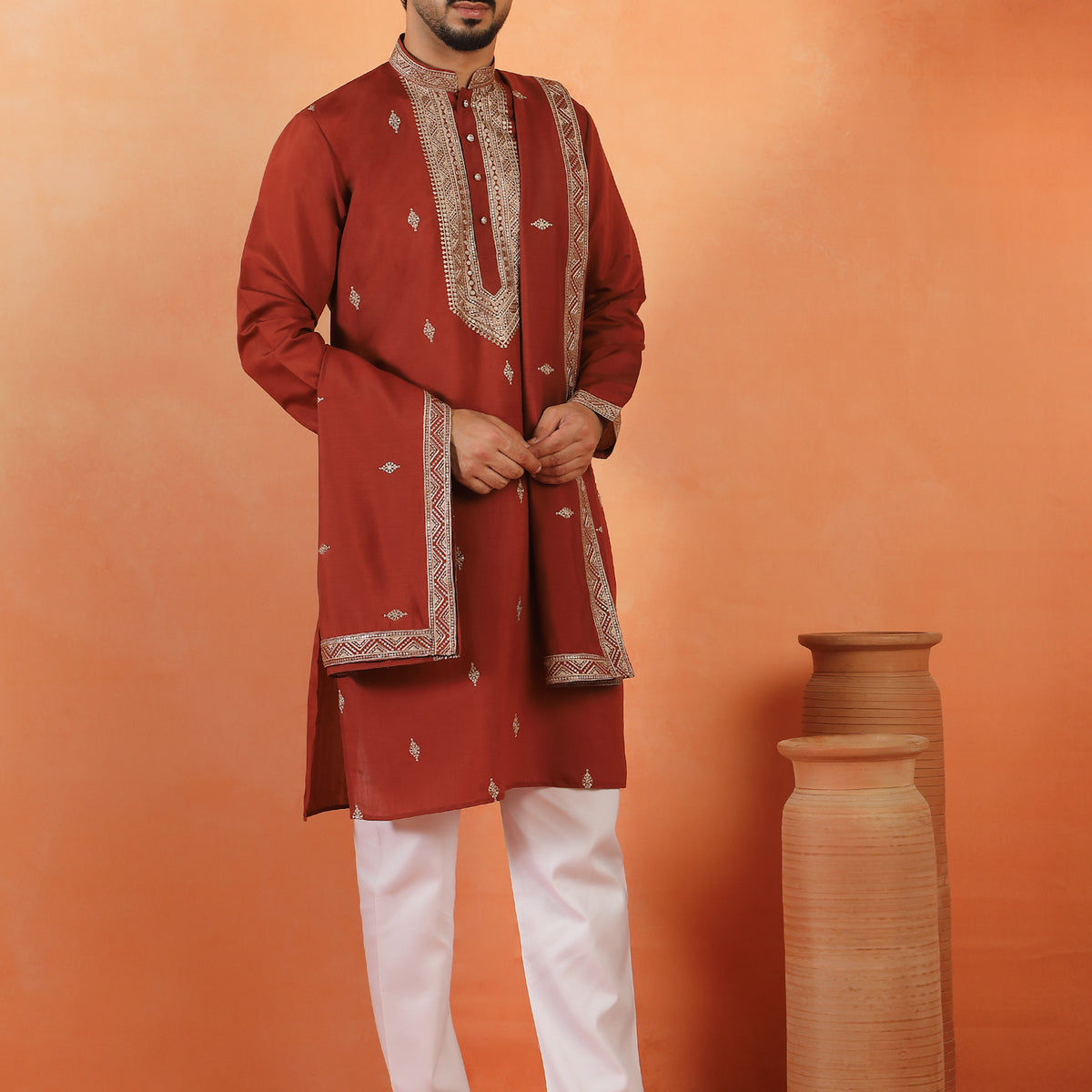 Men's Sequinned Embroidered Cotton Silk Straight Kurta Pyjama with Dupatta Set