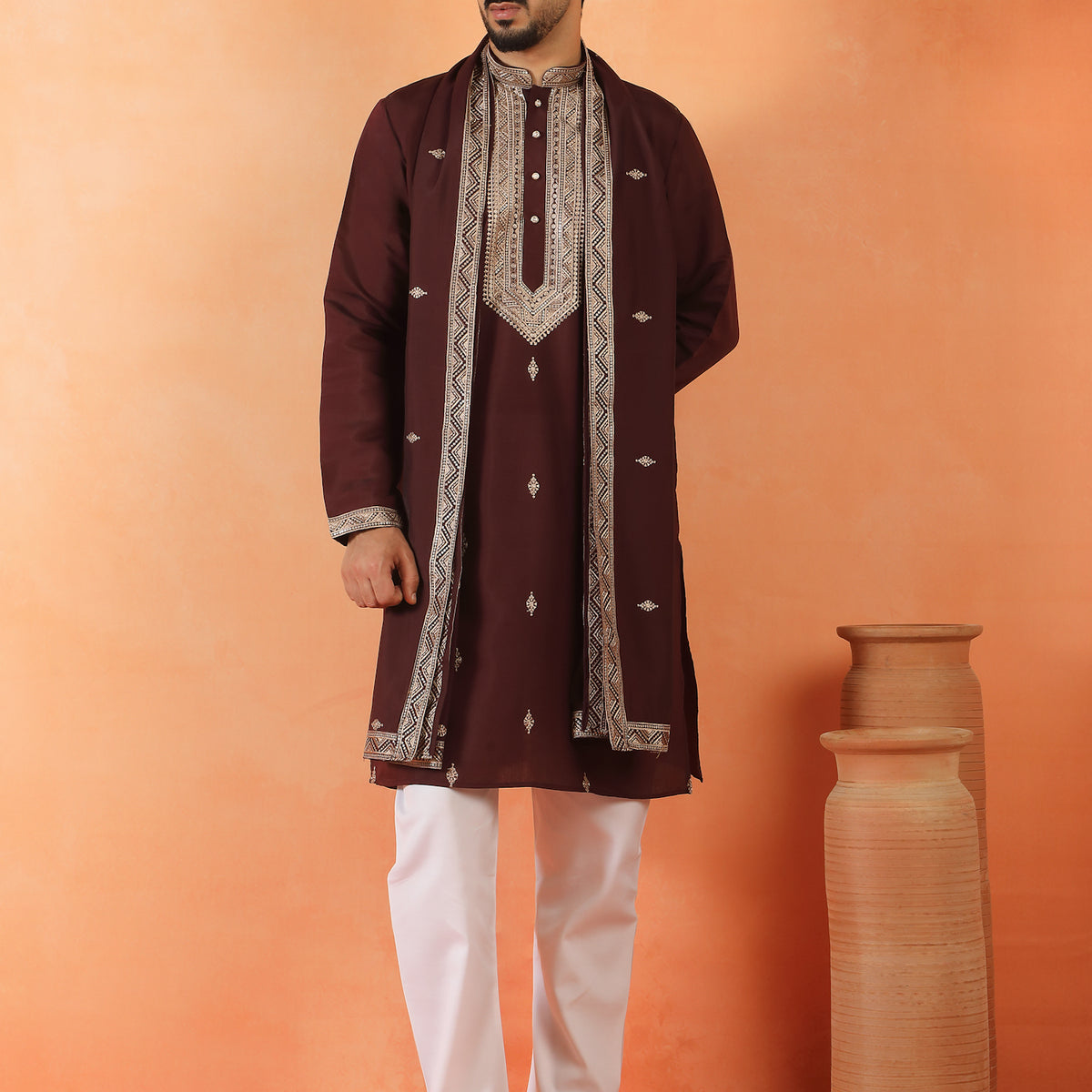 Men's Sequinned Embroidered Cotton Silk Straight Kurta Pyjama with Dupatta Set