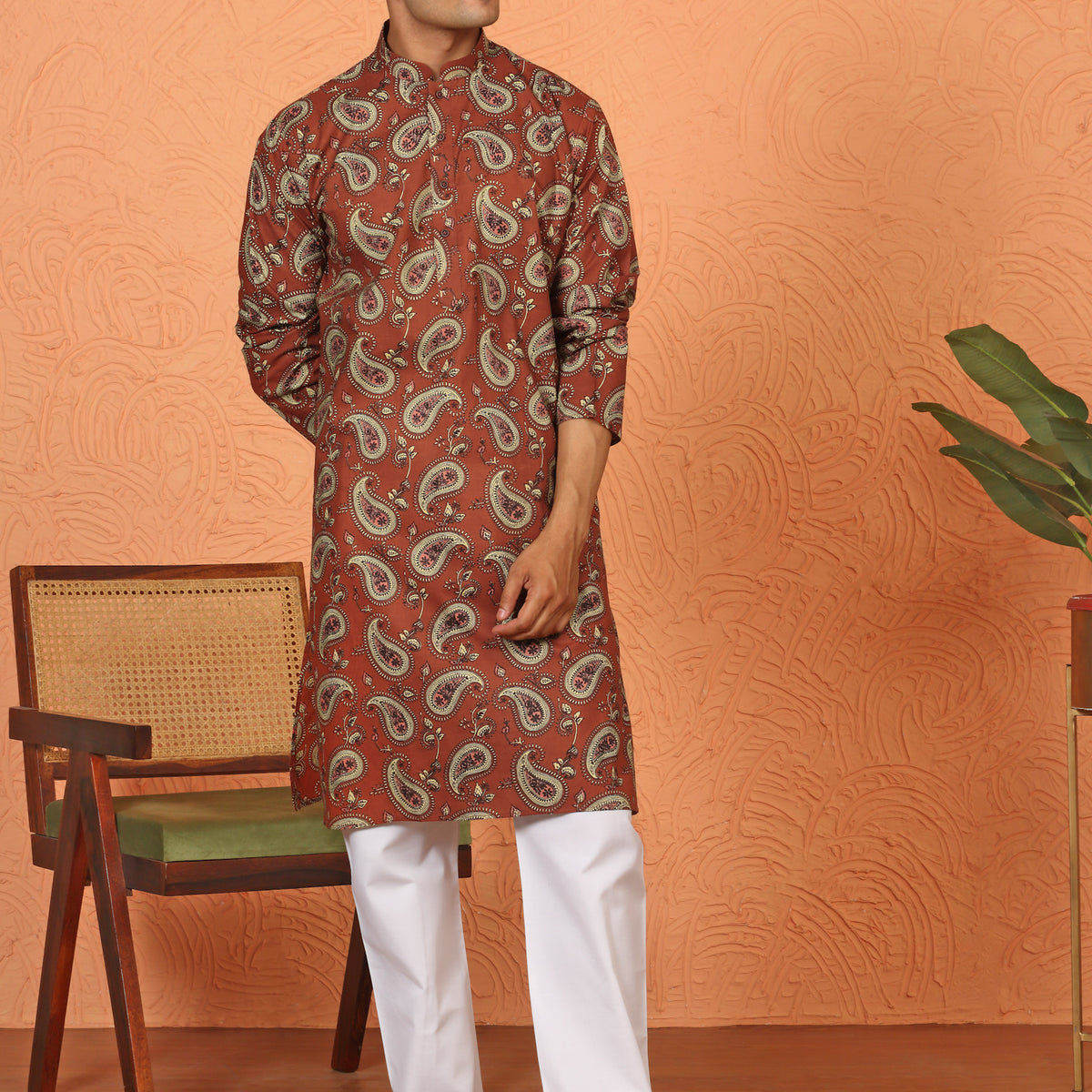 Men's Peacock Motif Jaipuri Printed Pure Cotton Kurta with White Pajama Set