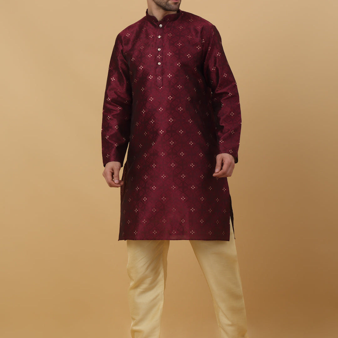 KRAFT INDIA Men's Silk Blend Jacquard Sequenced Kurta with Beige Elastic Waistband Churidar Set