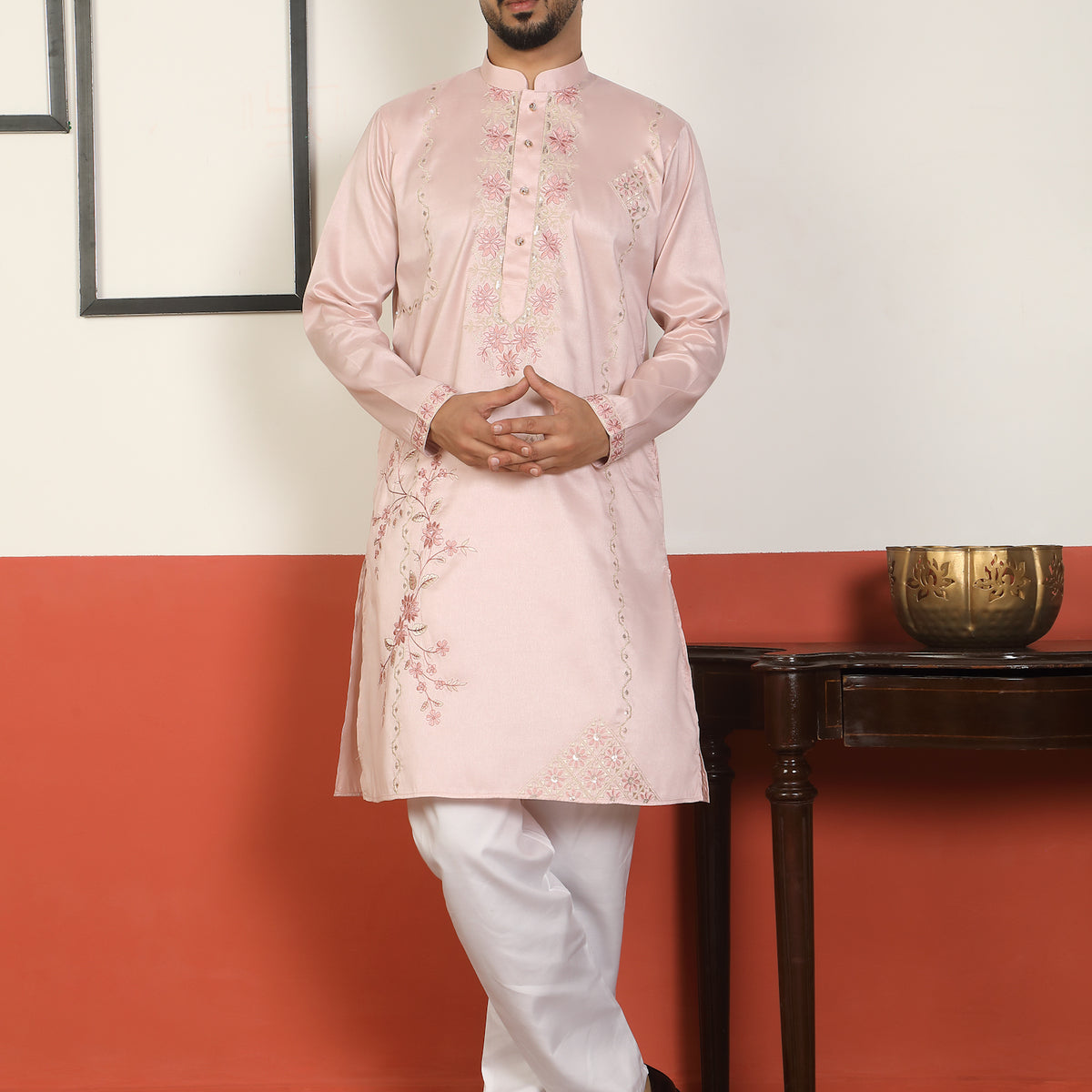Men's Cotton Silk Floral Embroidered Kurta with Pyjama Set with Mandarin Collar