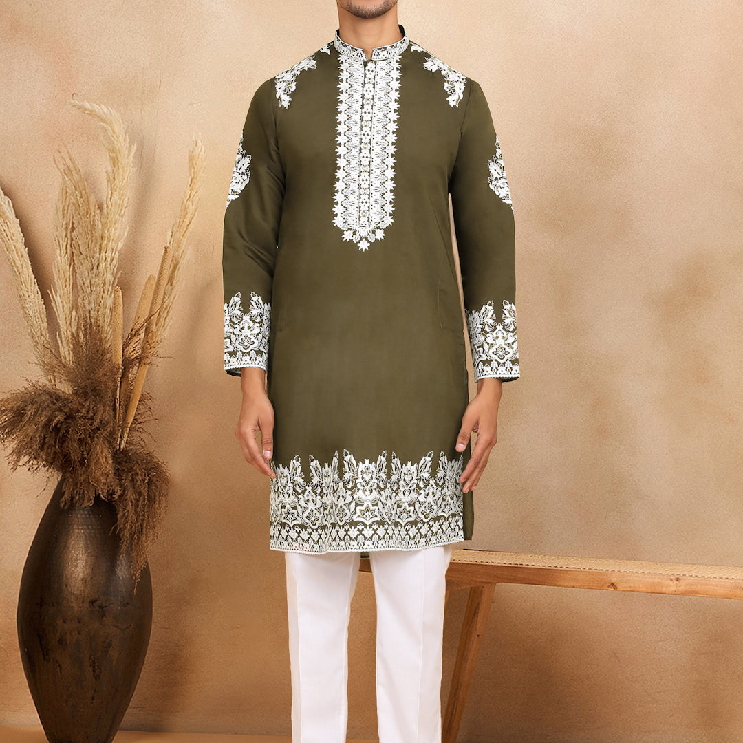 LUXE- Cotton Silk Ethnic Motifs White Embroidered Mandarin Collar Long Sleeve Kurta