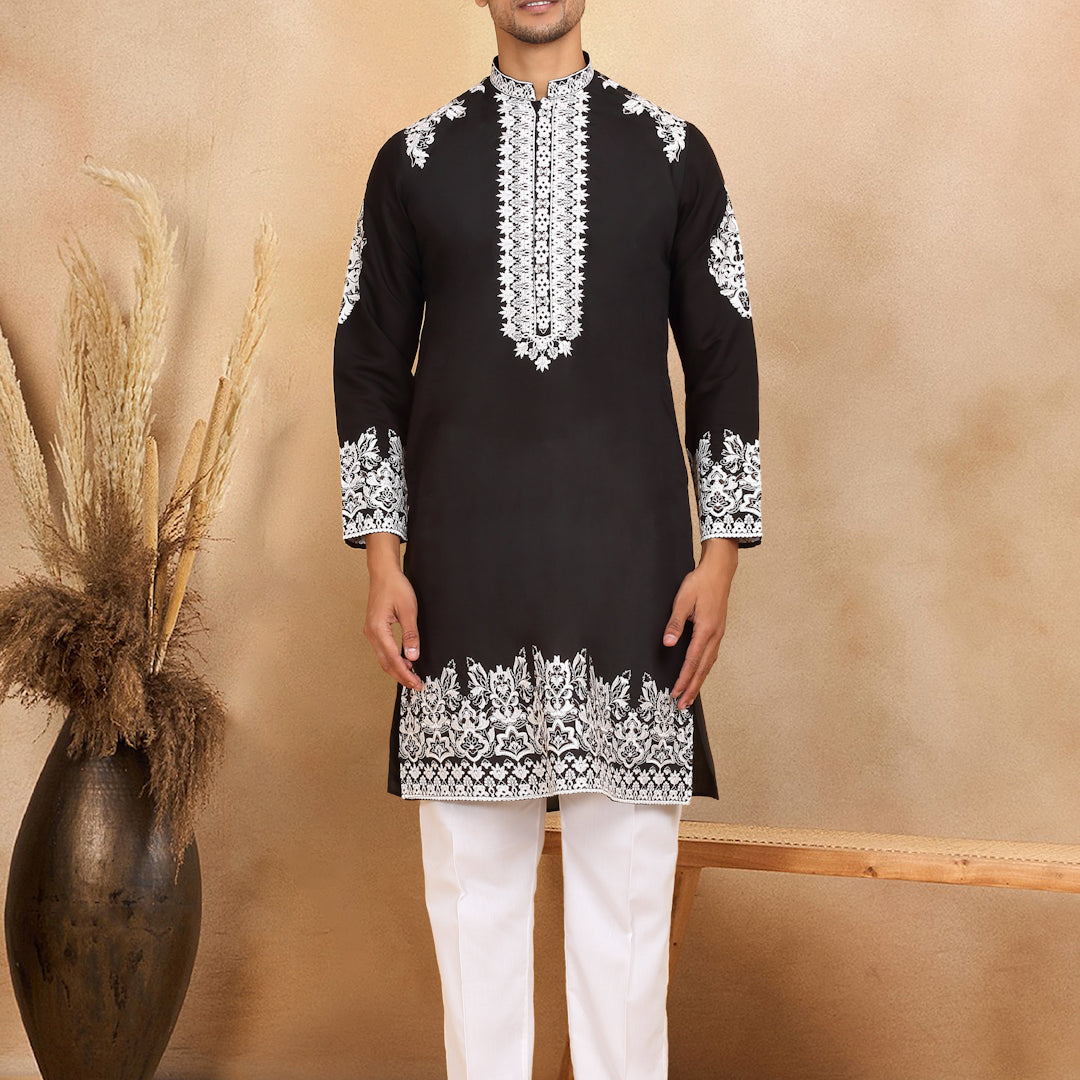 LUXE- Cotton Silk Ethnic Motifs White Embroidered Mandarin Collar Long Sleeve Kurta