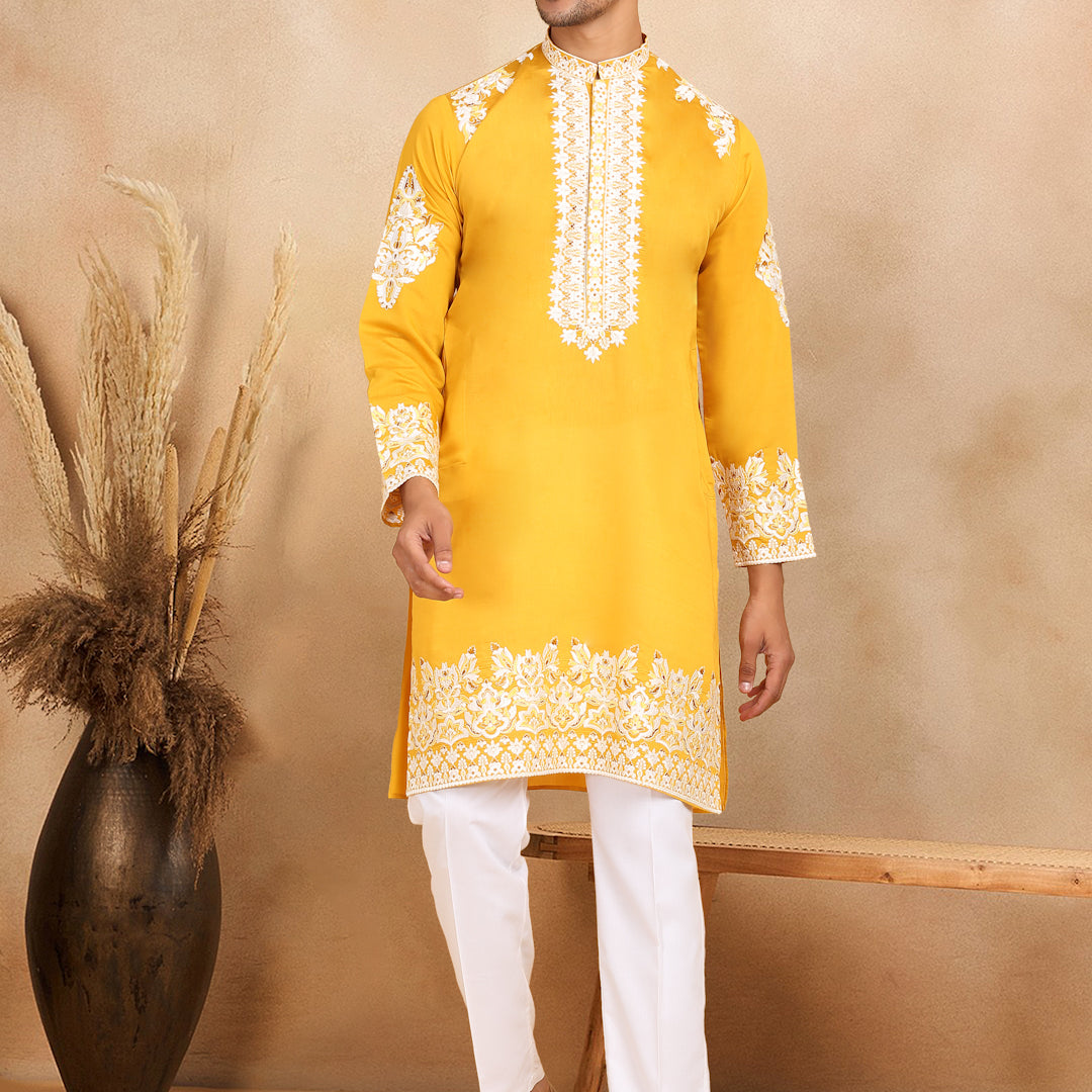 LUXE- Cotton Silk Ethnic Motifs White Embroidered Mandarin Collar Long Sleeve Kurta
