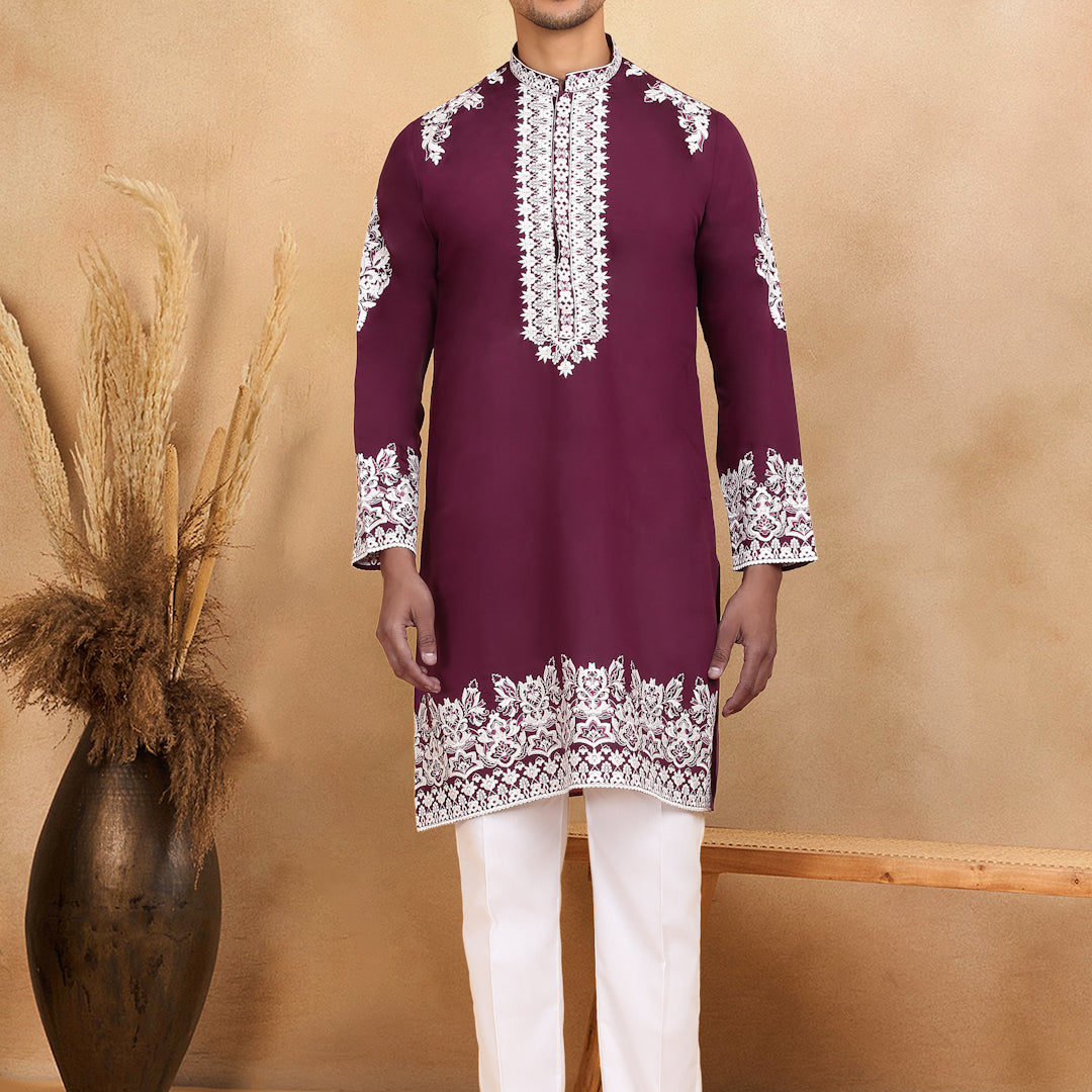 LUXE- Cotton Silk Ethnic Motifs White Embroidered Mandarin Collar Long Sleeve Kurta