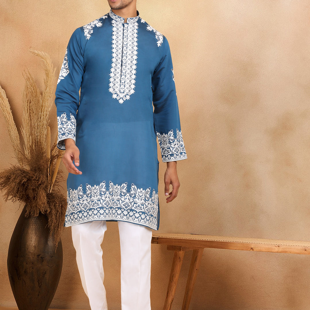 LUXE- Cotton Silk Ethnic Motifs White Embroidered Mandarin Collar Long Sleeve Kurta